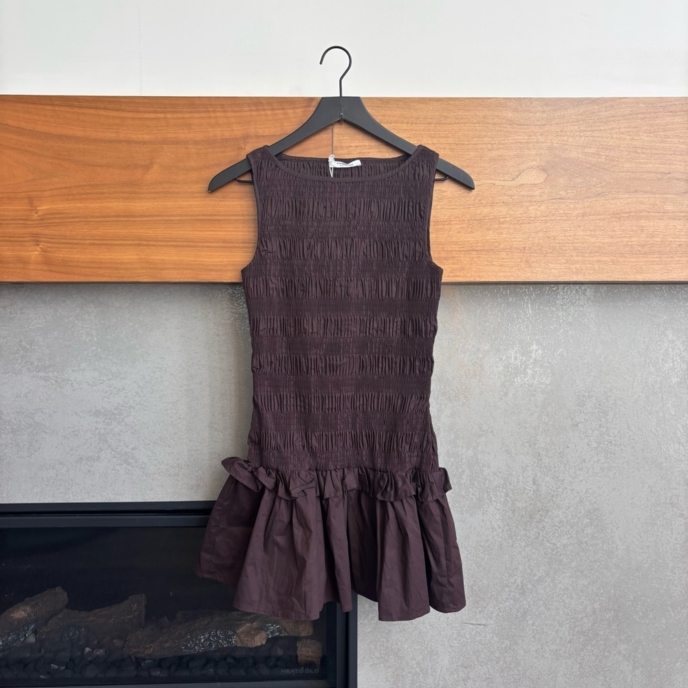 NWT Peppermayo Exclusive - Garden Kisses Shirred Mini Dress - Chocolate, Size 6 - Picture 6 of 15